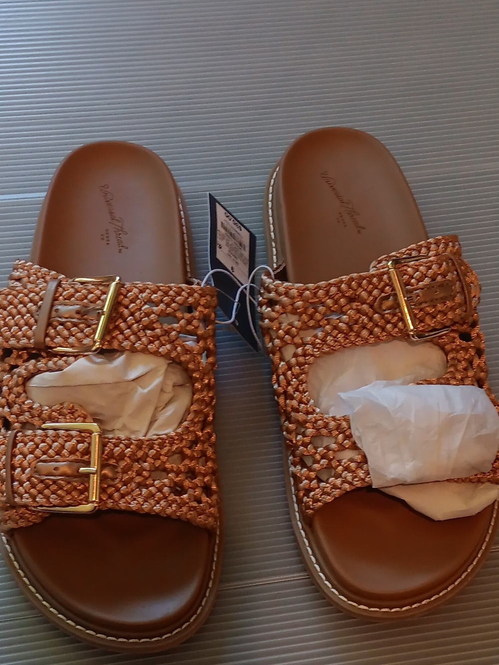 Woven Double-Buckle Slide Sandals in Brown